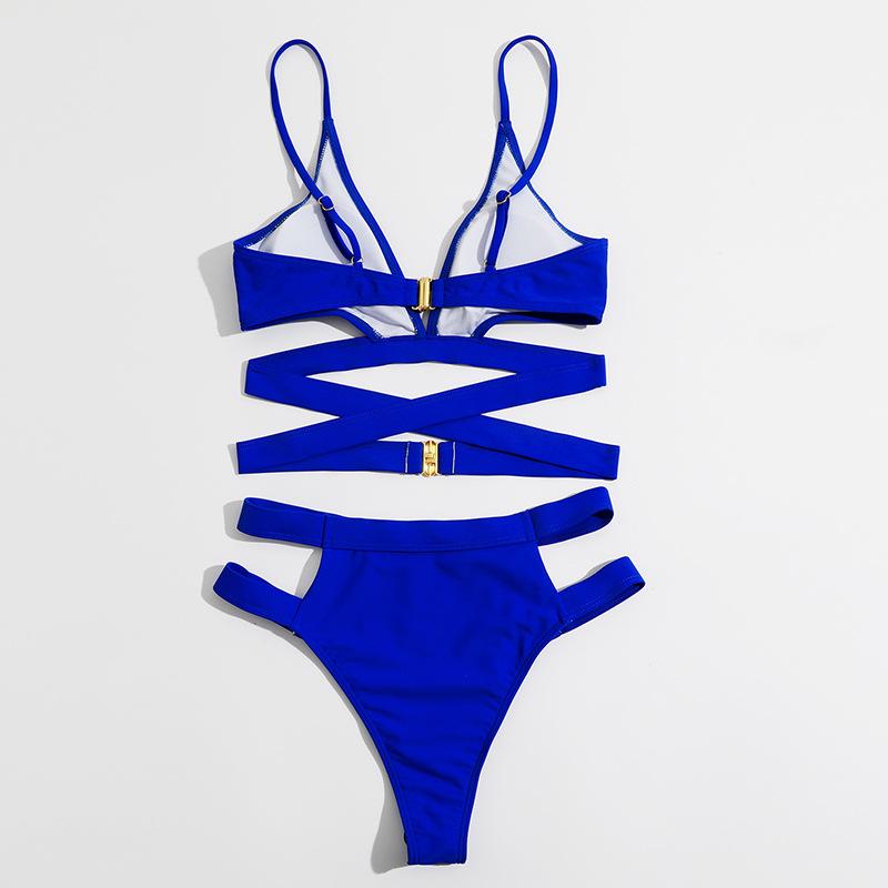 Maillot de bain bikini ajouré à dos croisé et boutons solides à col en V 