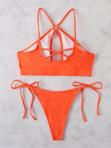 Maillot de bain bikini uni à nouer et anneau en O creux dans le dos croisé 