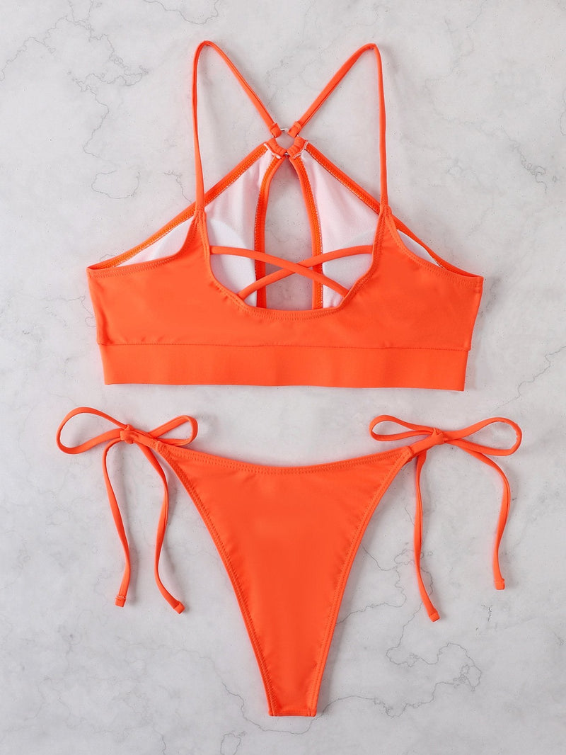 Maillot de bain bikini uni à nouer et anneau en O creux dans le dos croisé 