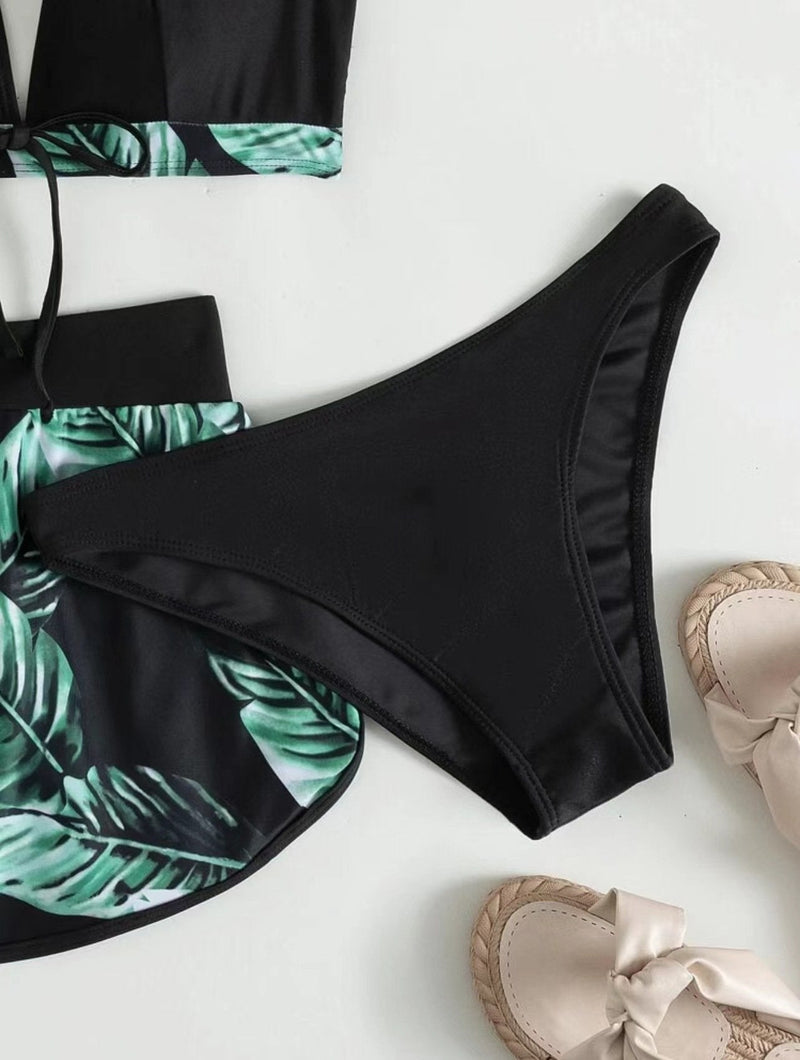 Maillot de bain 3 pièces à col en V et boutons contrastés, dos nu 