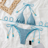 Traje de baño bikini sin espalda con cuello halter fruncido liso y lazo anudado 