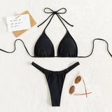 Maillot de bain bikini dos nu froncé uni à nouer soi-même 