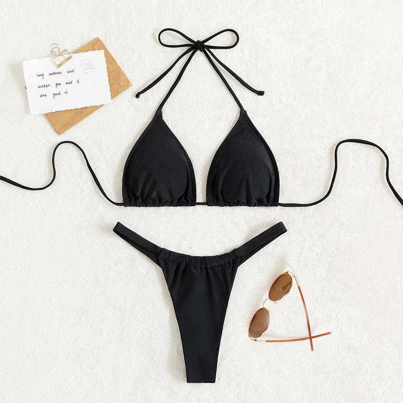 Maillot de bain bikini dos nu froncé uni à nouer soi-même 
