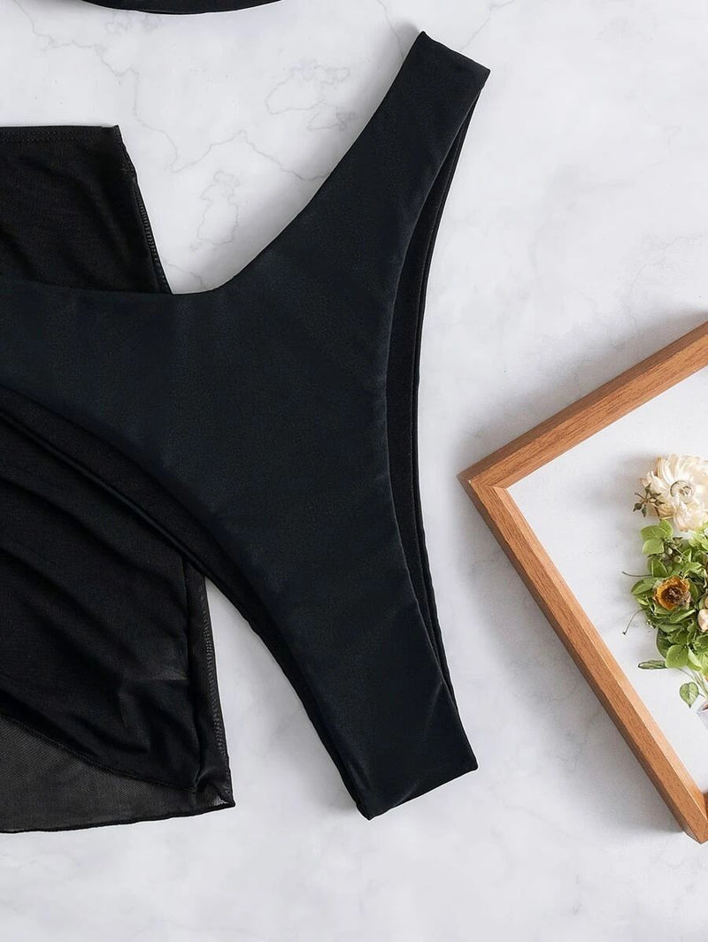 Maillot de bain 3 pièces dos nu en maille avec cordon de serrage léopard 
