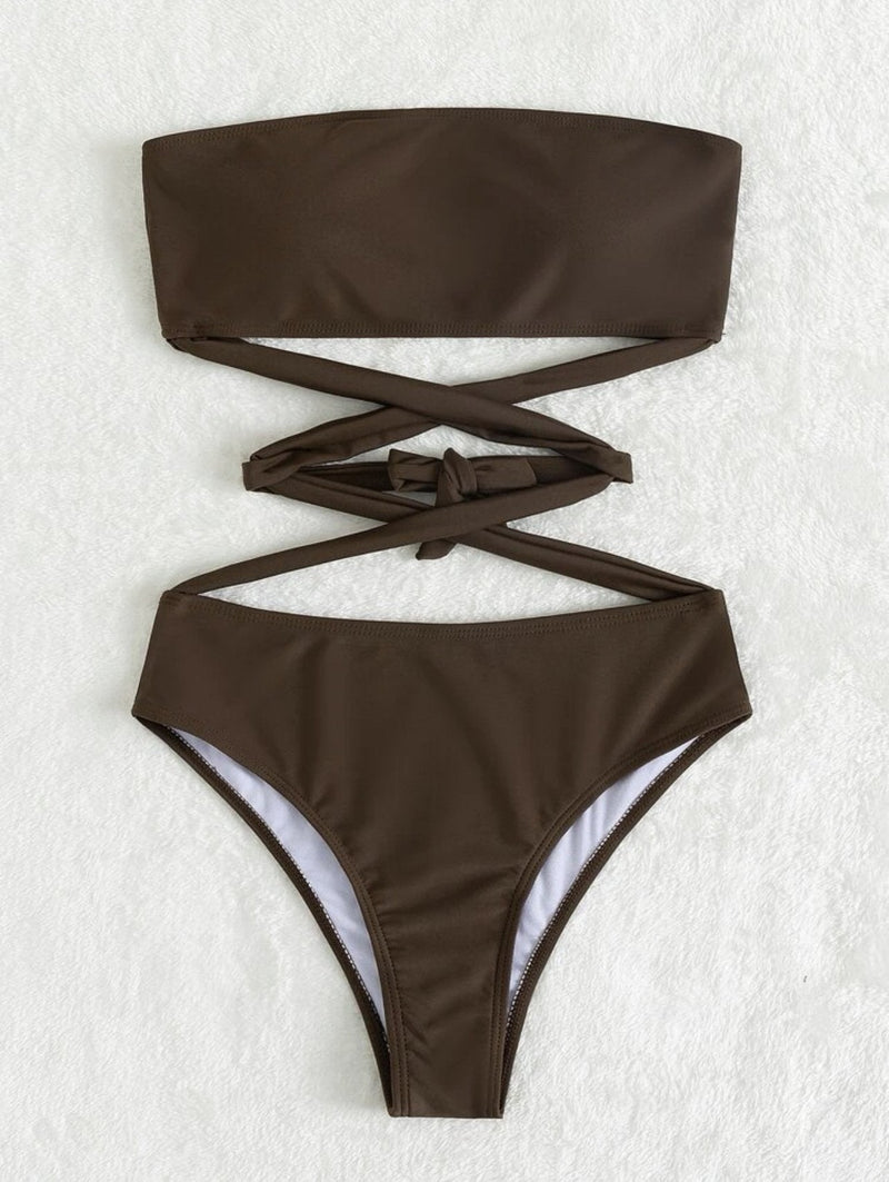 Traje de baño bikini de tubo con relleno y lazo cruzado en la parte delantera 