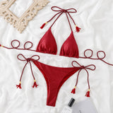 Traje de baño bikini sin espalda con cuello halter fruncido liso y lazo anudado 