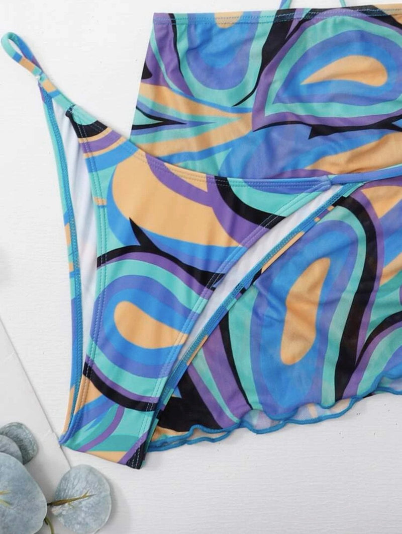 Maillot de bain 3 pièces dos nu en maille avec cordon de serrage et imprimé contrasté 