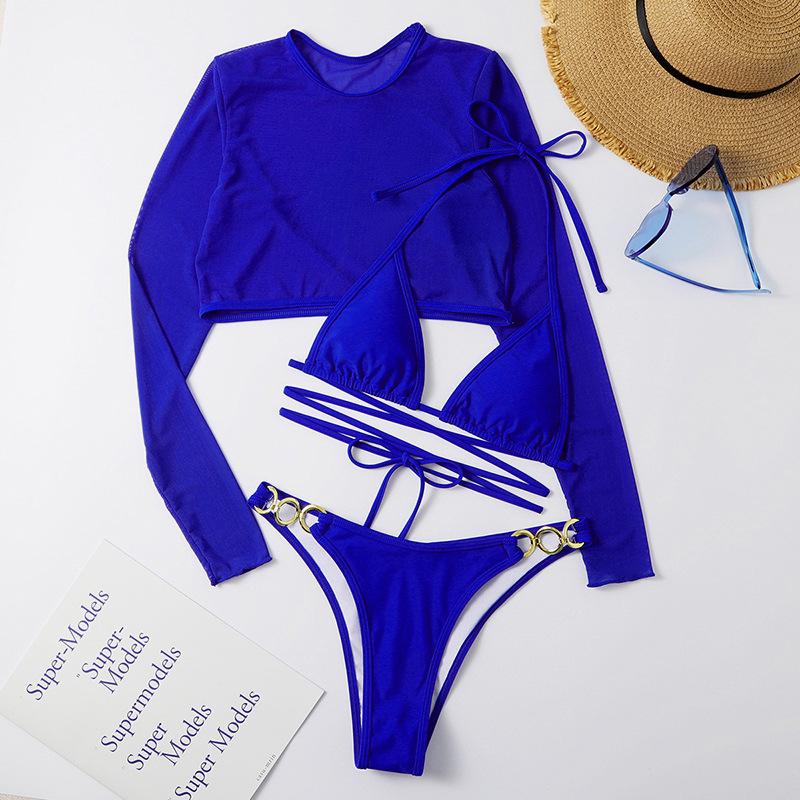 Traje de baño de 3 piezas con cuello halter, cruzado, con aro o y relleno de malla sólida 