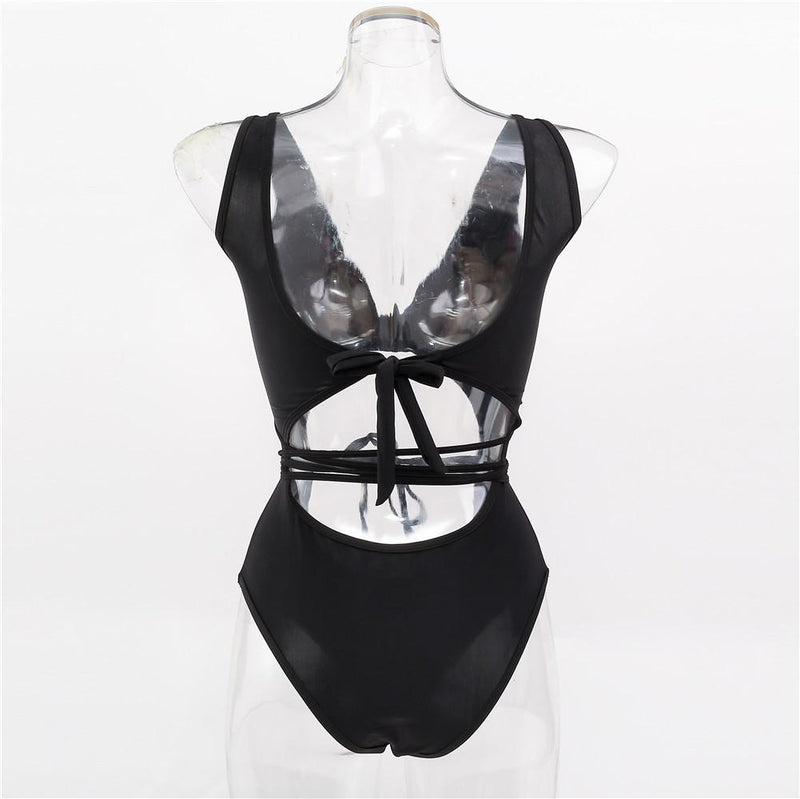 Maillot de bain une pièce à nouer, col en V, sans manches, dos nu 