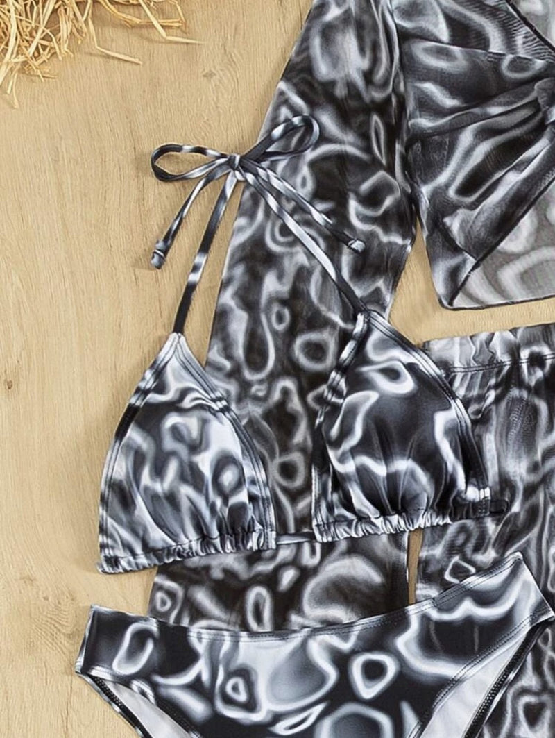 Traje de baño de 4 piezas con relleno, cuello halter y lazo en malla de contraste 