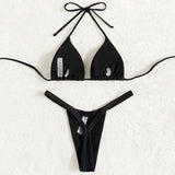 Maillot de bain bikini dos nu froncé uni à nouer soi-même 