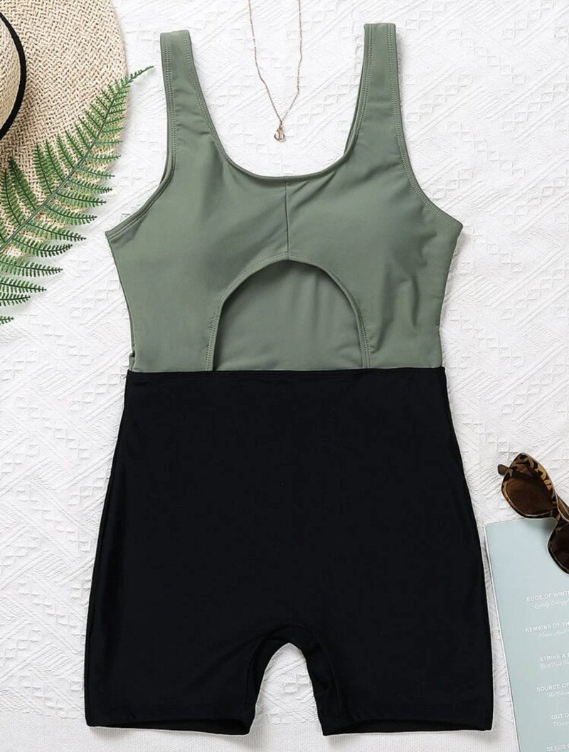 Maillot de bain une pièce sans manches à col en U contrasté et creux 