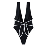 V neck sleeveless knotted contrast one piece swimwear