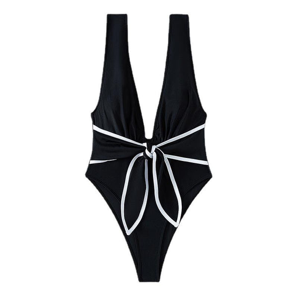 Maillot de bain une pièce contrasté sans manches à col en V 