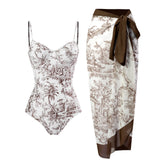 Maillot de bain une pièce à imprimé contrasté, col en V, dos nu, avec jupe de plage 