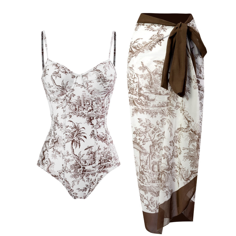 Maillot de bain une pièce à imprimé contrasté, col en V, dos nu, avec jupe de plage 