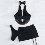 Maillot de bain 3 pièces en maille avec col bénitier et cordon de serrage 