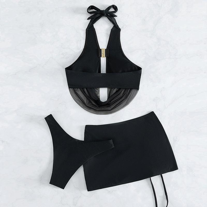 Maillot de bain 3 pièces en maille avec col bénitier et cordon de serrage 