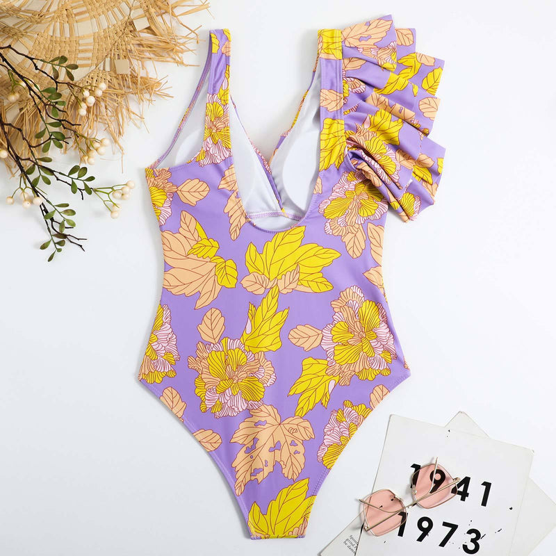 Traje de baño de una pieza con estampado de hojas con volantes irregulares en contraste 