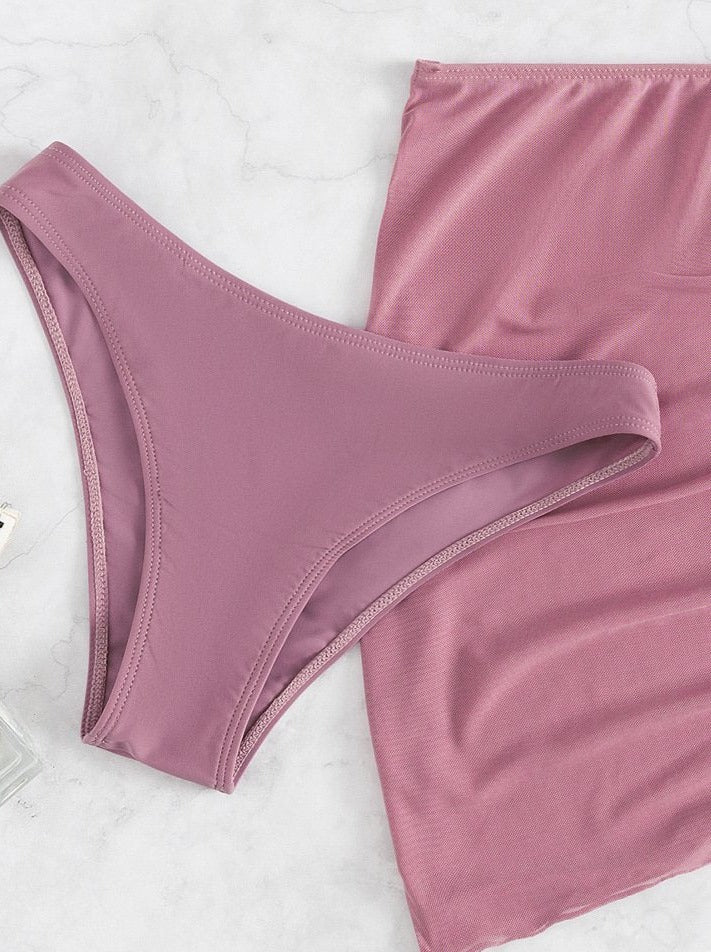 Traje de baño de 3 piezas con espalda descubierta, acolchado y cordón de malla con perlas 