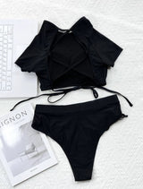Maillot de bain bikini à manches courtes et cordon de serrage uni 
