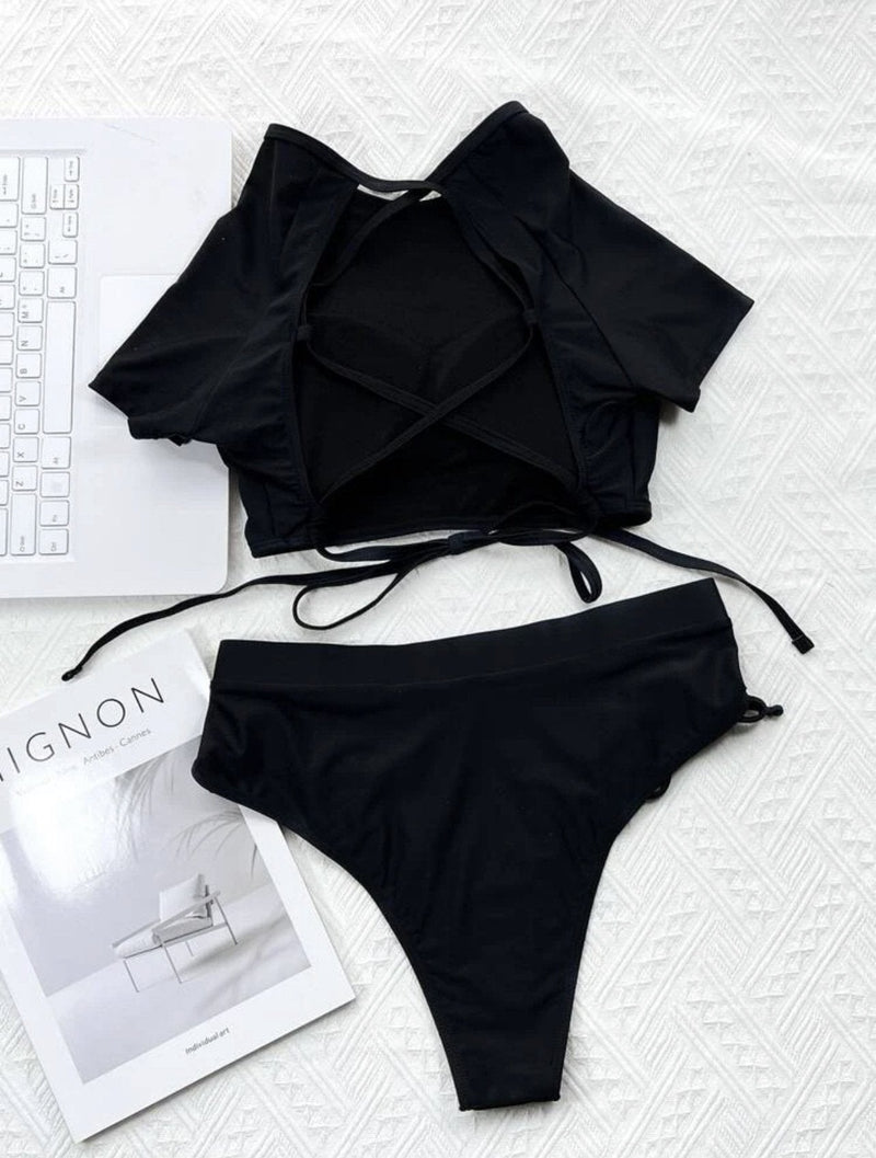 Maillot de bain bikini à manches courtes et cordon de serrage uni 