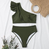 Maillot de bain bikini asymétrique à volants et découpes irrégulières et solides 