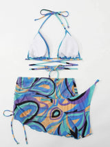 Maillot de bain 3 pièces dos nu en maille avec cordon de serrage et imprimé contrasté 