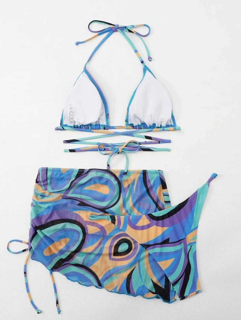 Maillot de bain 3 pièces dos nu en maille avec cordon de serrage et imprimé contrasté 