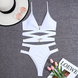 Maillot de bain bikini ajouré à dos croisé et boutons solides à col en V 