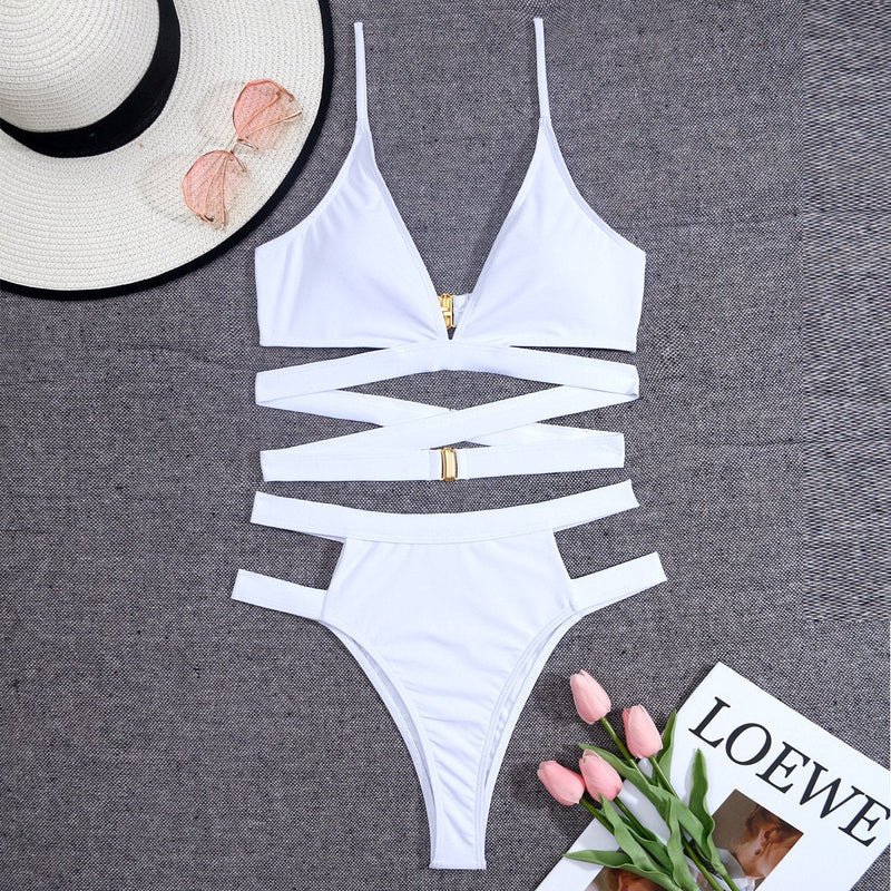 Maillot de bain bikini ajouré à dos croisé et boutons solides à col en V 