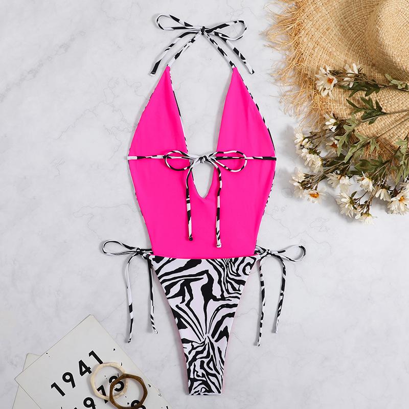 Traje de baño de una pieza con cuello en V, halter, contraste, sin espalda y con lazo 