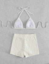 Traje de baño bikini con espalda descubierta, tirantes finos y textura tipo halter 