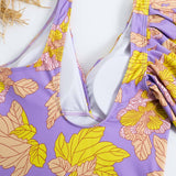 Traje de baño de una pieza con estampado de hojas con volantes irregulares en contraste 