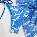 Traje de baño de 3 piezas de malla con espalda descubierta y estampado de contraste ondulado 
