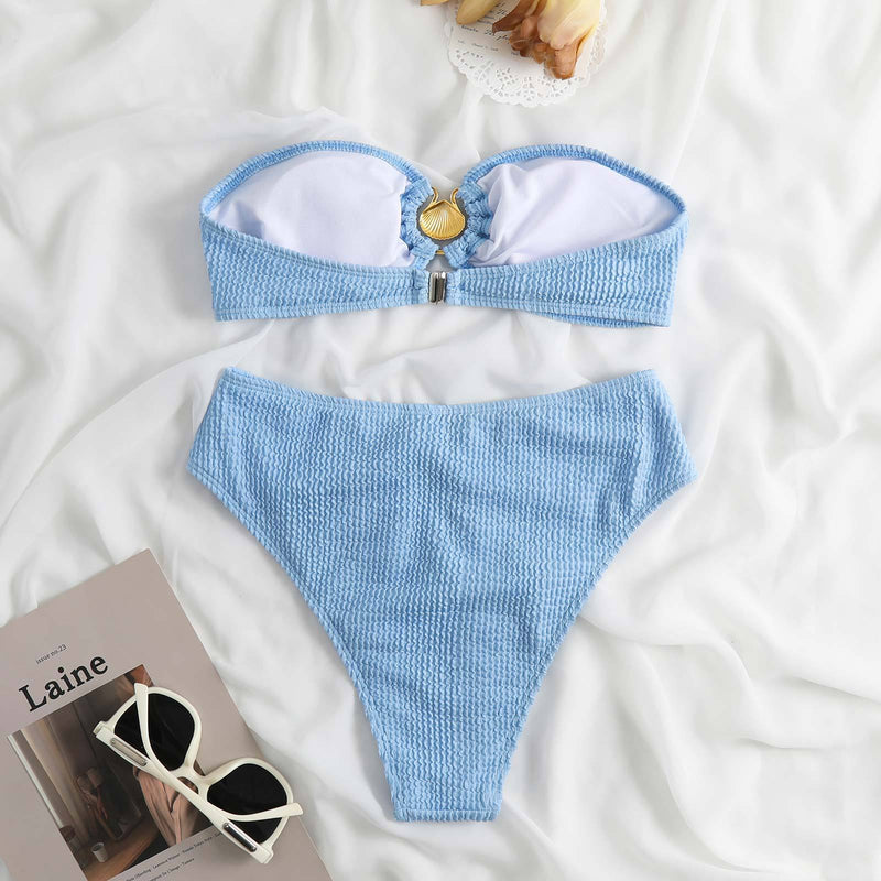 Maillot de bain bikini tube à boutons et dos nu texturé avec appliques métalliques 