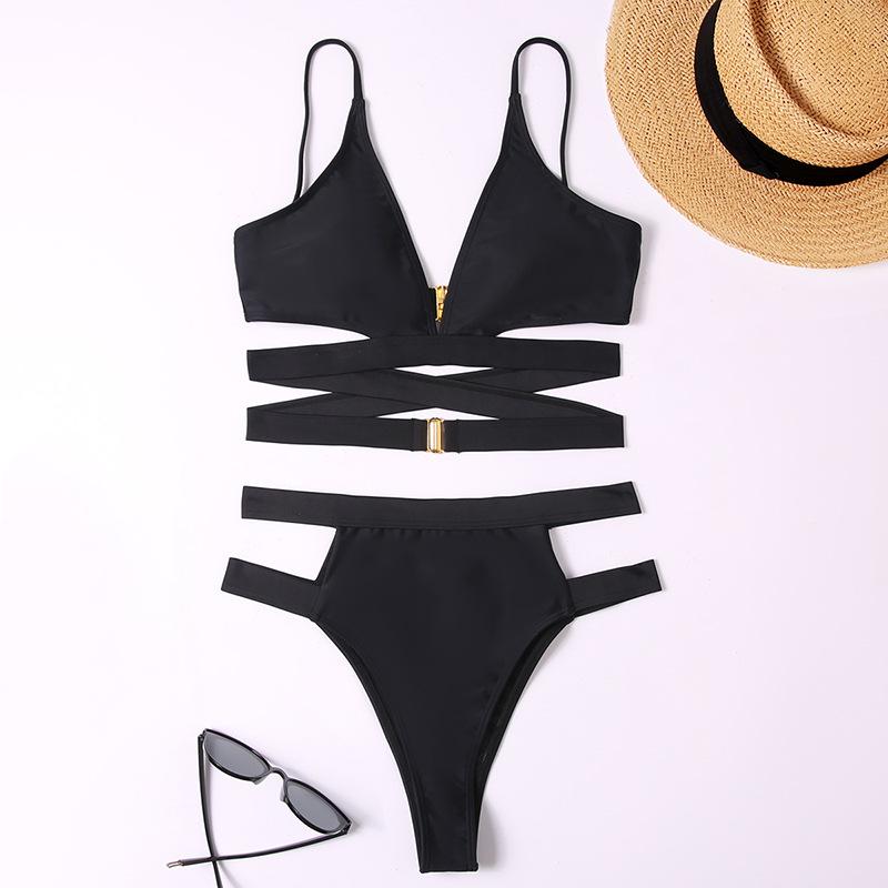 Maillot de bain bikini ajouré à dos croisé et boutons solides à col en V 