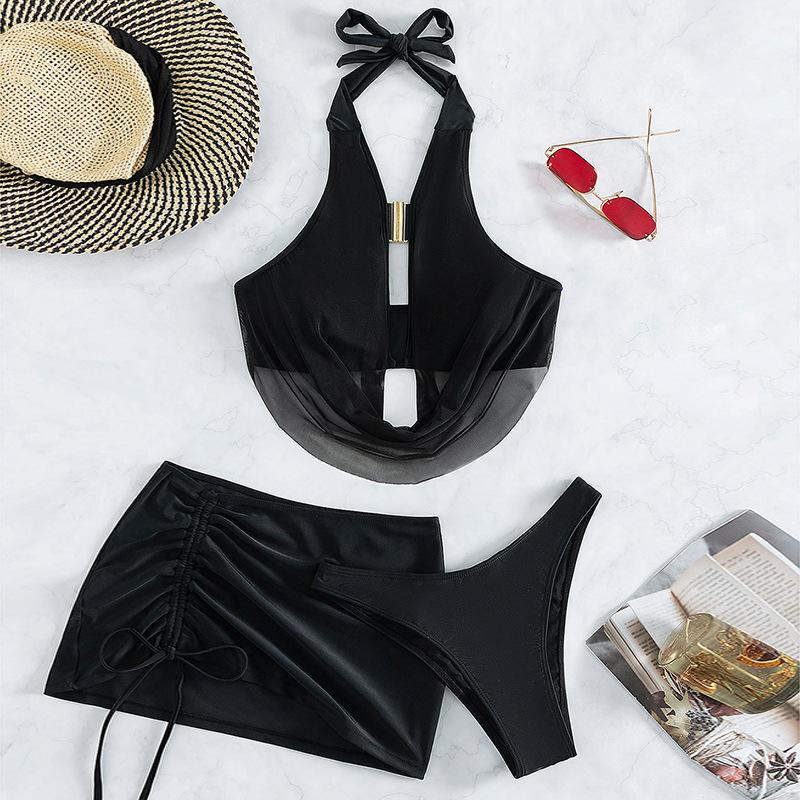 Maillot de bain 3 pièces en maille avec col bénitier et cordon de serrage 