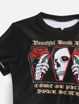 Traje de baño bikini de manga corta con cordón ajustable y estampado de flores y calaveras en contraste 