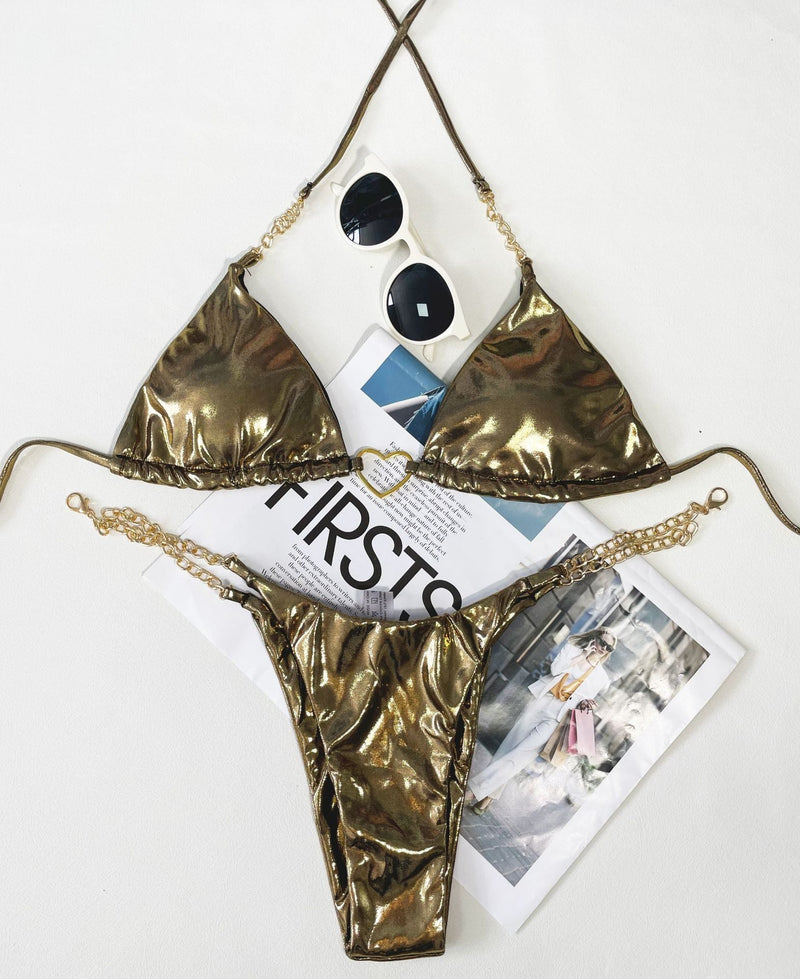 Traje de baño bikini estilo halter con anilla en O y cadena de metal sólido 