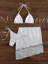 Maillot de bain 3 pièces à nouer avec pompons métalliques unis 