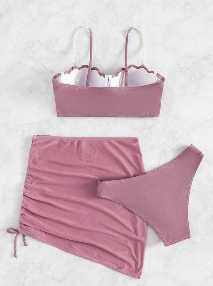 Traje de baño de 3 piezas con espalda descubierta, acolchado y cordón de malla con perlas 