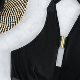 Maillot de bain 3 pièces en maille avec col bénitier et cordon de serrage 