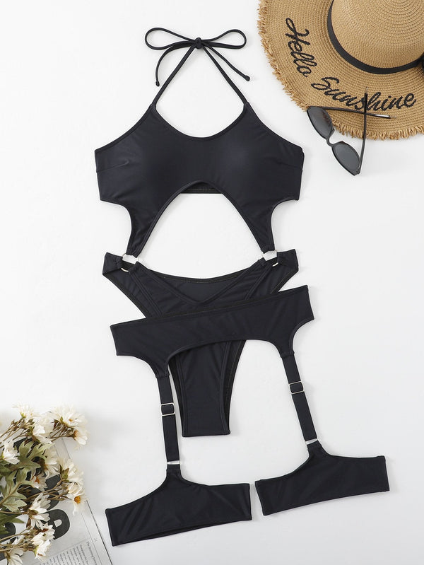 Traje de baño con cuello halter, sólido, con aros huecos y lazo 