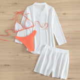 Maillot de bain 4 pièces en mousseline à manches longues et col licou contrasté 