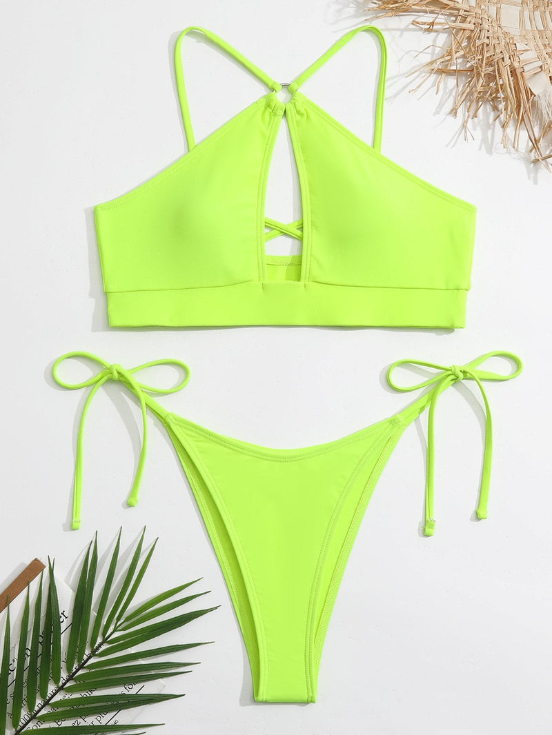 Maillot de bain bikini uni à nouer et anneau en O creux dans le dos croisé 