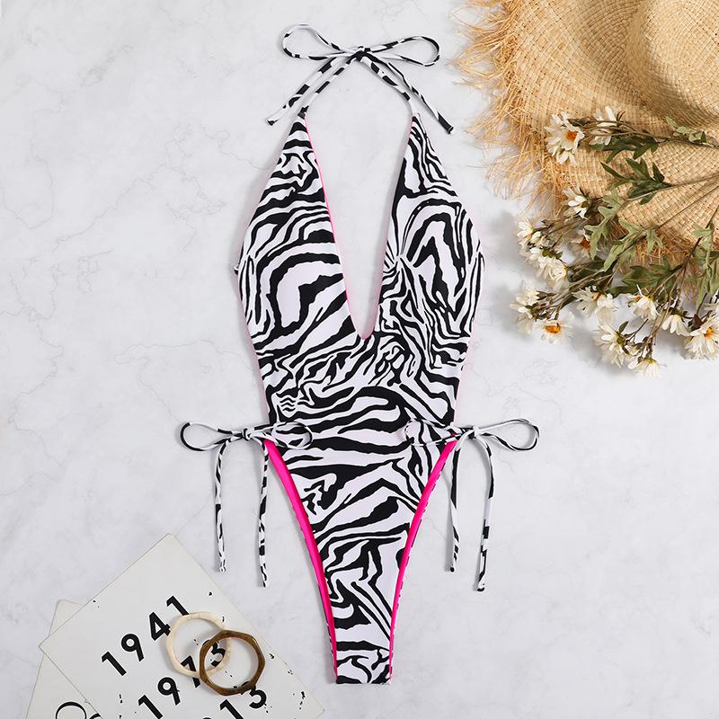 Traje de baño de una pieza con cuello en V, halter, contraste, sin espalda y con lazo 