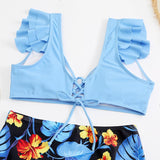 Maillot de bain bikini à manches courtes et volants contrastés, imprimé feuilles et lacets 