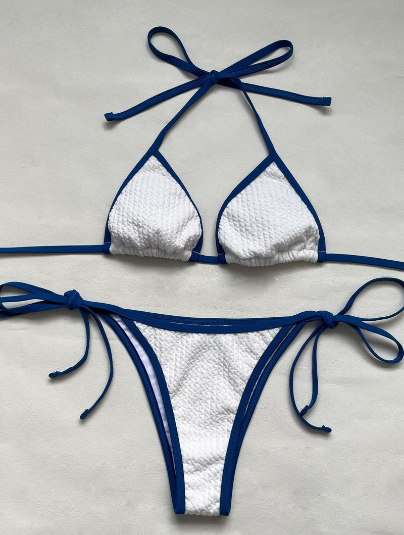 Traje de baño tipo bikini con cuello halter y lazo en contraste texturizado 