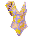 Traje de baño de una pieza con estampado de hojas con volantes irregulares en contraste 